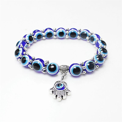 

Fashion Silver Color Blue Evil Eye Hamsa Hand Fatima Palm Bracelets for Women Beads Chain Vintage Jewelry Gifts