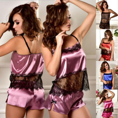 

Women Satin Lace Sleepwear Babydoll Lingerie Nightwear Shorts Pjs Pyjamas Set UK