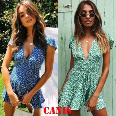 

Summer Women&39s Short Sleeve Floral Bandage Dresses Ladies Deep V-neck Mini Dress Party