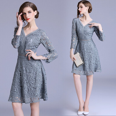 

2018 Autumn Lace Dress Womens Bow Party Casual Slim O-neck Sexy Hollow Out Runway A-Line Vintage Dresses