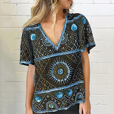 

Starmoon Fashion Plus Size Women Short Sleeve V-neck Vintage Print T-Shirts Tops Blouses