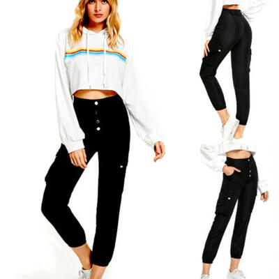 

Fashion Women Casual Loose Cargo Pants Black High Waist Joggers Sport Trouser