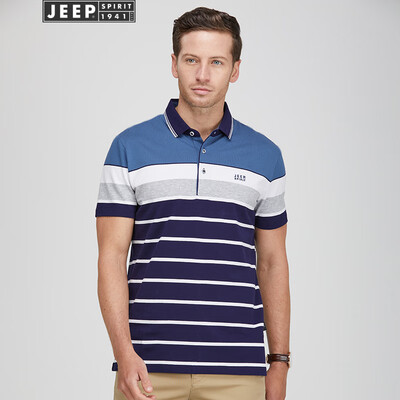 

Jeep short-sleeved mens striped casual POLO shirt youth mens cotton lapel T-shirt 2019 summer new product 8918 blue XL