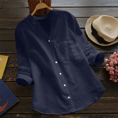 

Nomeni Women Cotton linen Casual Solid Long Sleeve Shirt Blouse Button Down Tops
