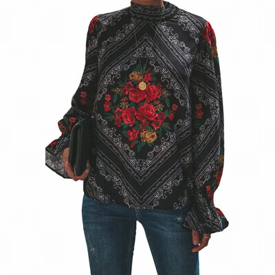 

High-neck long-sleeved shirt womens slim printed shirt