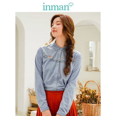 

INMAN 2018 winter new style literary cute embroidered suede fit long-sleeved shirt shirt female 18840VP11404 shallow blue S