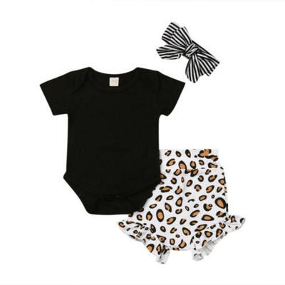 

Baby Girls Clothes Long Sleeve Romper Tops Leopard Print Short Pants Headband Outfits Set