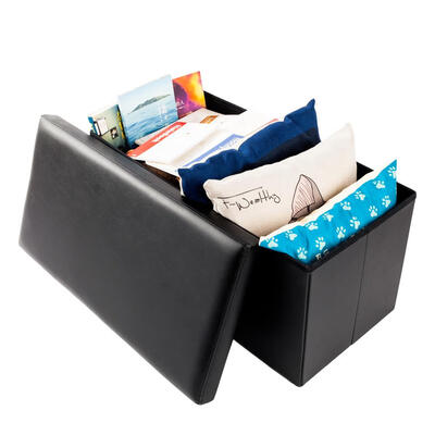 

Faux Ottoman Leather Folding Footstool Home Organizer Rectangle Storage Furniture Black
