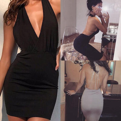 

Womens Sexy Backless Deep V Rhinestone Bodycon Sleeveless Party Club Mini Dress