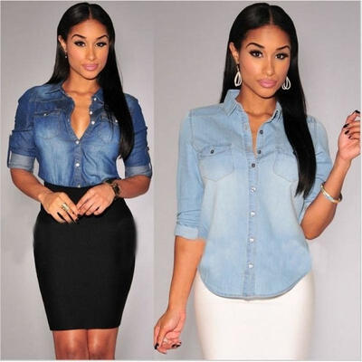 

Fashion Women&39s Long Sleeve Denim Blouse Office lady T Shirt Lapel Slim Tops