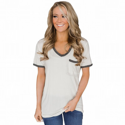 

V-neck short-sleeved pocket Slim bottoming shirt casual simple straight top
