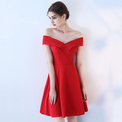 

New Arrival Red Boat Neck Evening Dress Simple Off The Shoulder Short Sleeve Short Party Evening Dress