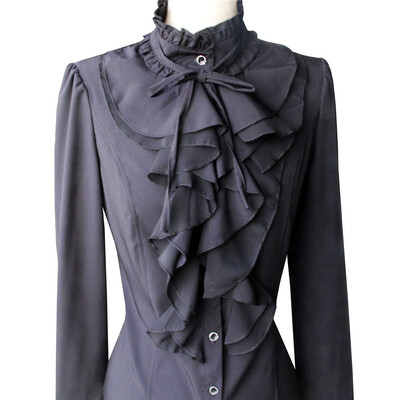 

Women Office Blouses Victorian Top Button Silky Lace Collar Ruffle Satin Shirts