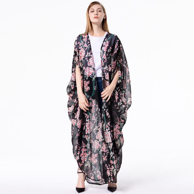 

Women Kimono Cardigan Floral Print Beach Boho Outerwear Summer Loose Bikini Cover Up BlackOrangeWhite