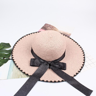 

Women Sun Straw Hat Contrast Bowknot Wide Large Brim Foldable Floppy Casual Summer Beach Cap