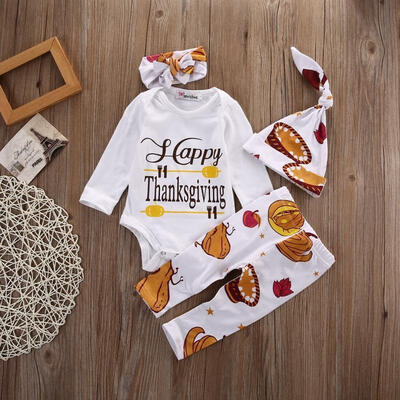 

Newborn Baby Girls Boys Long Sleeve Happy Tops Romper Pants Hat Outfits Set 4pcs