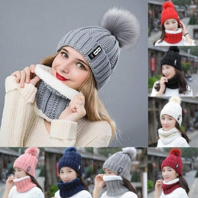 

2Pcs Women Winter Scarf Hat Warm Set Solid Knitted Soft Cotton Bib Scarves