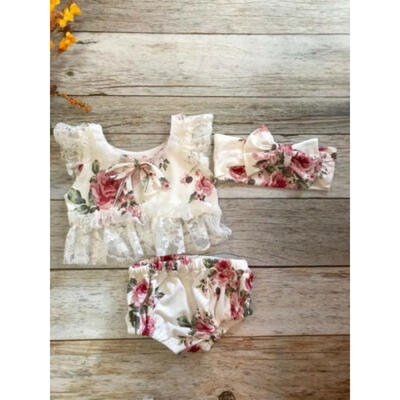 

US Summer Toddler Baby Girl Clothes Lace Floral Dress TopsShorts Outfit Sunsuit