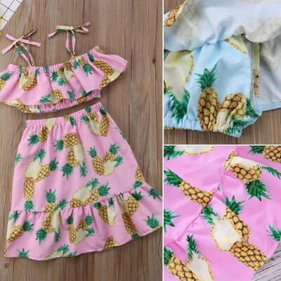 

Newborn Toddler Kids Baby Girls clothes off shoulder strap pullover Ruffle sleeveless Tops pineapple print skirts 2pc cotton s
