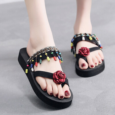 

Rose Womens Mid-Heel Sandals Ethnic Style Retro Beach Slope Anti-Skid Flip Flops
