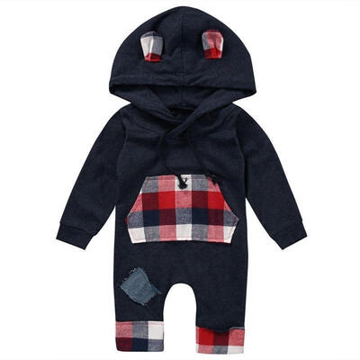 

Newborn Baby Boy Long Sleeve Plaid Hooded Romper Jumpsuit Patch Hoodie with Pocket Outfit Clothes