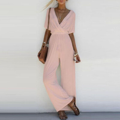 

Women V Neck Loose Playsuit Party Ladies Romper Short Sleeve Long Jumpsuit