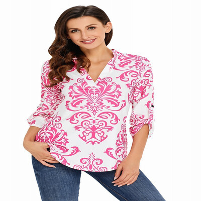 

V-neck long-sleeved Damascus printed casual shirt ladies shirt