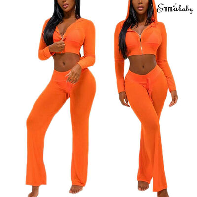 

Women Sheer Mesh Bikini Crop TopPants Cover Up Long Sleeve Swimwear Beach USA