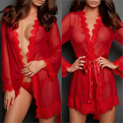 

Sexy Lingerie Women Silk Lace Robe Dress Babydoll Nightdress Sleepwear Kimono