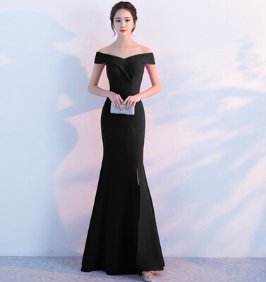 

Mermaid Split Sexy Boat Neck Long Evening Dress Elegant Off The Shoulder Solid Color Host Party Dinner Evening Dress