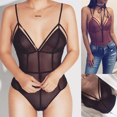 

Women Bodycon jumpsuit Black Lace Bodysuit Female Transparent Mesh