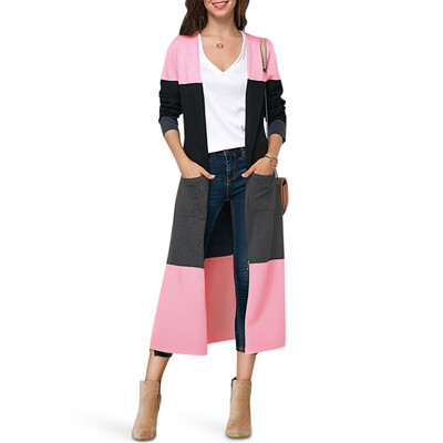 

Collarless Long Sleeve Color Blocking Pocket Slit Open Front Women Cardigan