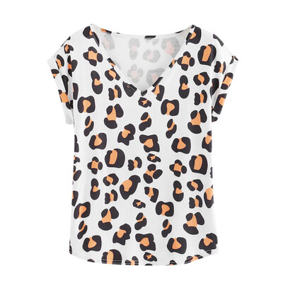 

Nomeni women Fashion V-Neck Blouse Leopard Printed Short Sleeve Loose Tops T-Shirt
