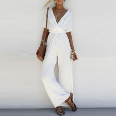 

Women V Neck Loose Playsuit Party Ladies Romper Short Sleeve Long Jumpsuit