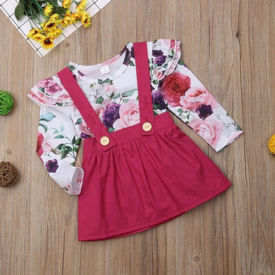

Elegant Infant Baby Girl Flower Tops Long Sleeve Romper Suspender Skirt Dress Outfit 0-24 Months
