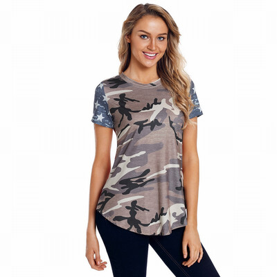 

Round neck long sleeve stars striped print top casual womens T-shirt
