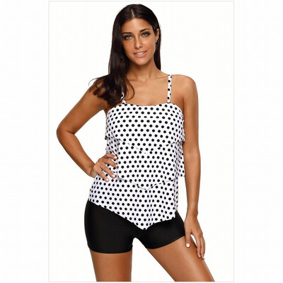 

Black&white black dot stitching camisole with chest pad flat angle split swimsuit