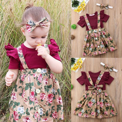 

3PCS Newborn Baby Girls Short Fly Sleeve RomperFloral Belt Dress Skirt Outfits