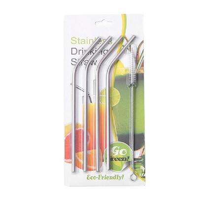 

4 Pcs Reusable Drinking Straw Set 304 Stainless Steel Metal Straw Straight Bent with Cleaner Brush