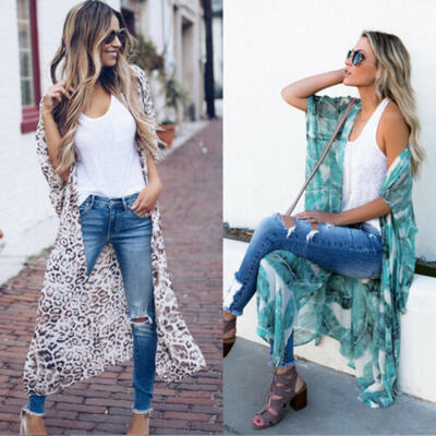 

Women Summer Chiffon Bikini Cover Up Cardigan Leopard Swimwear Beach Long Dress