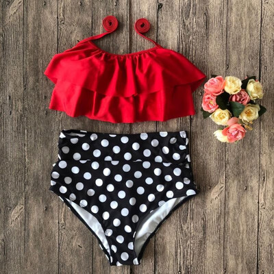 

Women Two Piece Bikini Set Solid Polka Dot Floral Print Halter Neckline Ruffle High Waist Sexy Bathing Suit