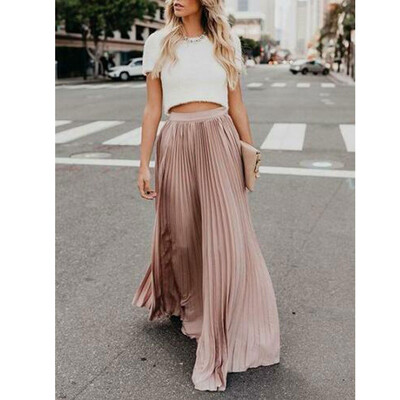 

Womens High Waist Pleated Long Maxi Skirt Full Length A-Line Swing Sun Dress