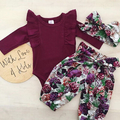 

Cute Newborn Infant Baby Girls Long Sleeve Tops Romper Floral Pants Headband Outfit Clothes