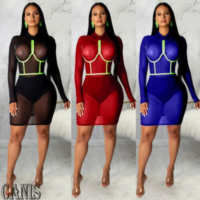 

US Summer Women Sexy Mesh See through Clubwear Party Mini Dress Bikini Cover Up