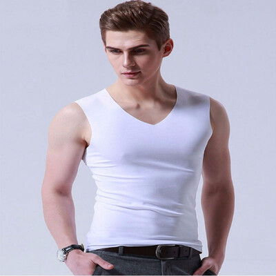 

Four Seasons Mens Ice Silk Seamless vest Summer Broad shoulder V-neck Sleeveless Sports High Stretch Bottom Shirt