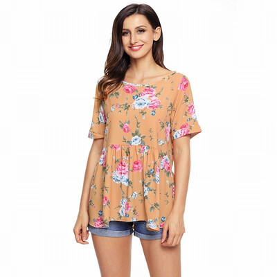 

Round neck short sleeve floral print straight shirt top