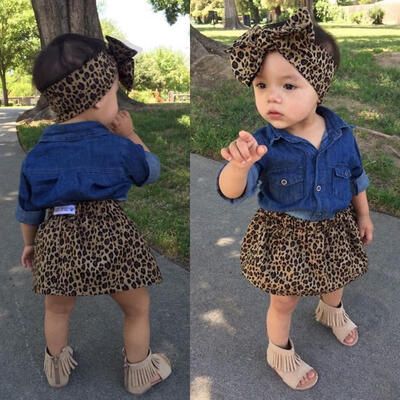 

3PCs Baby Girls Cowboy shirt Leopard dress headband Kids Clothes sets Outfits