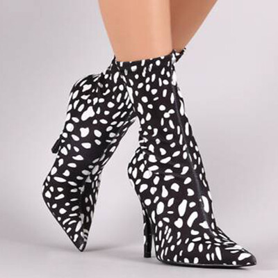 Rose Fashion Women Pointed Toe Thin Heels Ankle Boots Wild High Heels Snow Printed