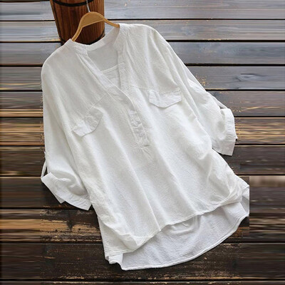 

Starmoon Women Vintage Solid Color Cotton linen Long Sleeve V Neck Botton Blouse Shirt W