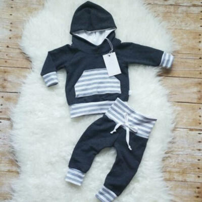 

Newborn Kids Baby Boys Striped Hooded Tops Pants Leggings Outfits Set Clothes